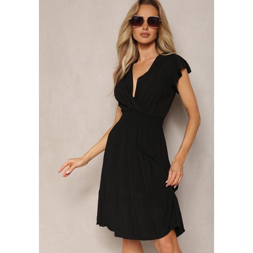 Czarna Sukienka z Bawełny z Marszczoną Gumką w Talii z Falbankami Sorxia ze sklepu Renee odzież w kategorii Sukienki - zdjęcie 169864571