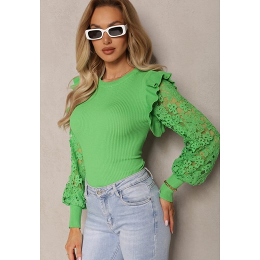 Zielony Sweter z Koronką i Bufiastym Rękawem Yuntus ze sklepu Renee odzież w kategorii Swetry damskie - zdjęcie 169864781