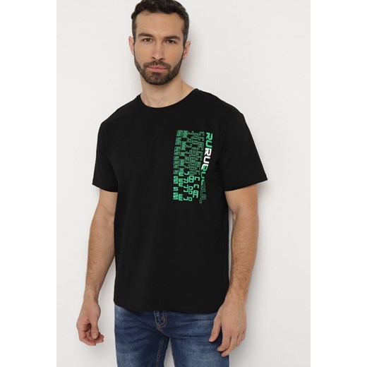 Czarna Koszulka Bawełniana z Ozdobnym Nadrukiem na Przodzie Ulitiama ze sklepu Born2be Odzież w kategorii T-shirty męskie - zdjęcie 169867920