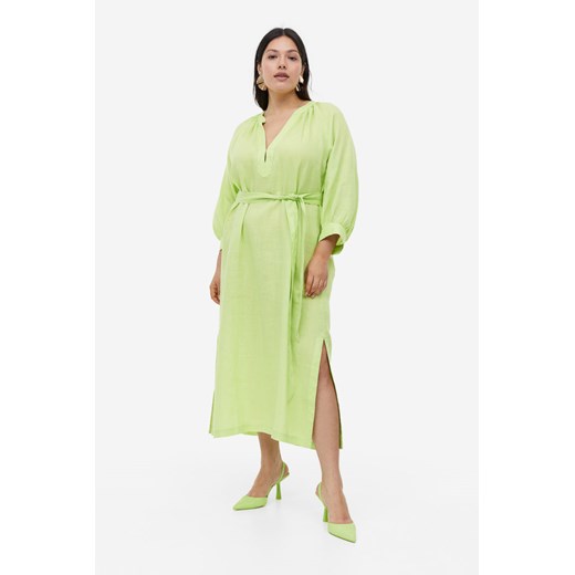 H & M - Lniana sukienka z wiązanym paskiem - Zielony H & M M H&M