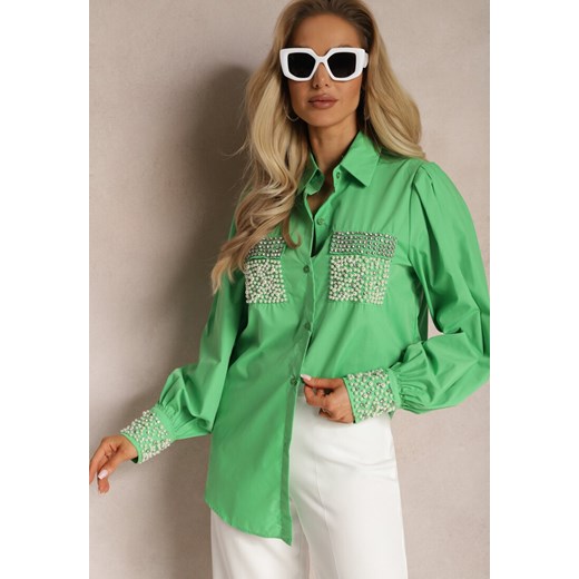 Zielona Koszula z Biżuteryjnymi Cyrkoniami i Perełkami Quezia ze sklepu Renee odzież w kategorii Koszule damskie - zdjęcie 169879282