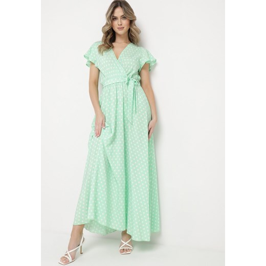 Zielona Rozkloszowana Sukienka Maxi z Gumką w Pasie i Wzorem w Kropki Elanoria ze sklepu Born2be Odzież w kategorii Sukienki - zdjęcie 169879380