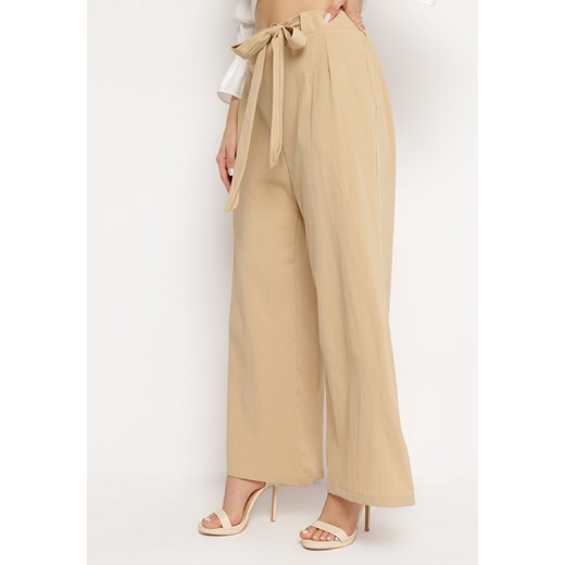 Ciemnobeżowe Spodnie Szerokie z Wiązaniem w Pasie Paper Bag Tisallas ze sklepu Born2be Odzież w kategorii Spodnie damskie - zdjęcie 169879500
