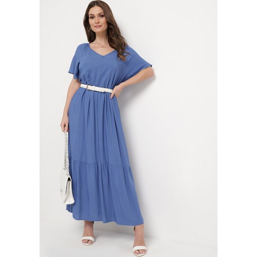 Niebieska Rozkloszowana Sukienka Maxi Bawełniana z Krótkim Rękawem i Trójkątnym Dekoltem Alirtha ze sklepu Born2be Odzież w kategorii Sukienki - zdjęcie 169879664