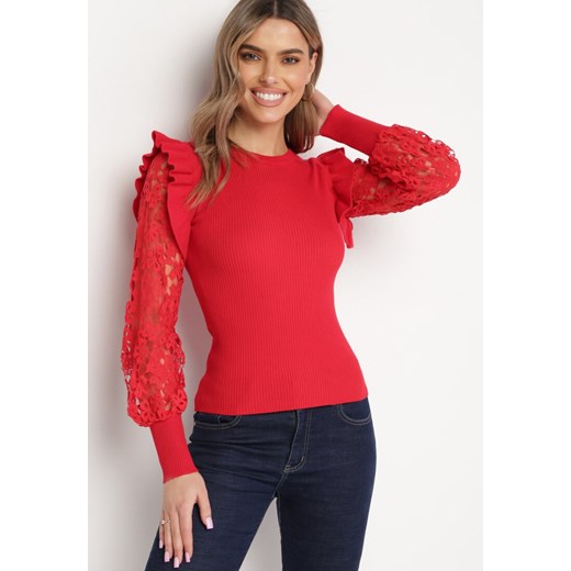 Czerwony Sweter z Koronką i Bufiastym Rękawem Aelertes ze sklepu Born2be Odzież w kategorii Swetry damskie - zdjęcie 169879892