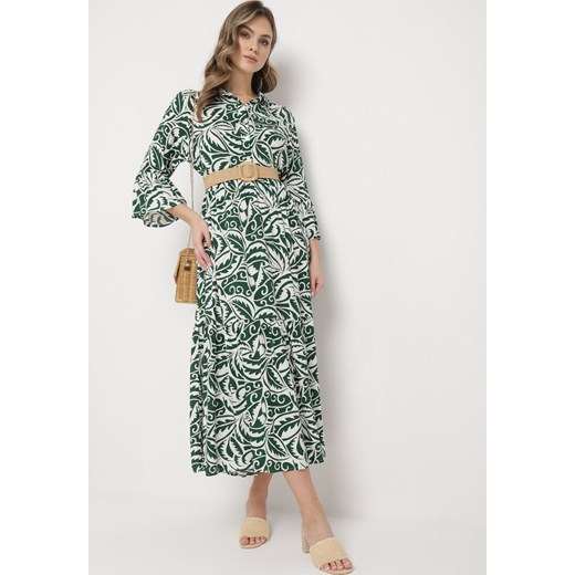 Zielona Rozkloszowana Sukienka Maxi z Falbanką i Botanicznym Wzorem Maticia ze sklepu Born2be Odzież w kategorii Sukienki - zdjęcie 169892392