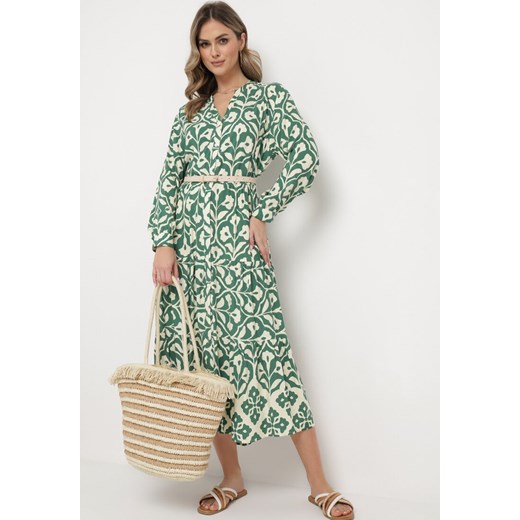 Zielono-Beżowa Sukienka w Ornamentalny Wzór o Koszulowym Fasonie Venleia ze sklepu Born2be Odzież w kategorii Sukienki - zdjęcie 169892404