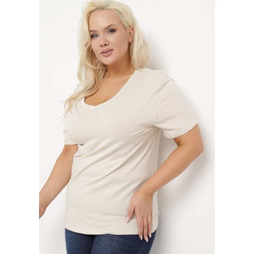Beżowy T-shirt z Trójkątnym Dekoltem i Krótkimi Rękawami Hibiscua ze sklepu Born2be Odzież w kategorii Bluzki damskie - zdjęcie 169892680