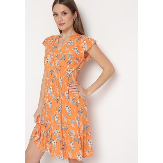 Pomarańczowa Sukienka Bawełniana z Kopertowym Dekoltem w Kwiatki Akariela ze sklepu Born2be Odzież w kategorii Sukienki - zdjęcie 169892914