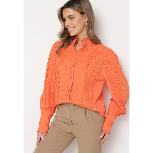 Pomarańczowa Koszula Ażurowa ze Stójką Arnot ze sklepu Born2be Odzież w kategorii Koszule damskie - zdjęcie 169893261
