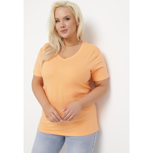 Pomarańczowy T-shirt z Trójkątnym Dekoltem z Elastycznej Bawełny Petunria ze sklepu Born2be Odzież w kategorii Bluzki damskie - zdjęcie 169936174