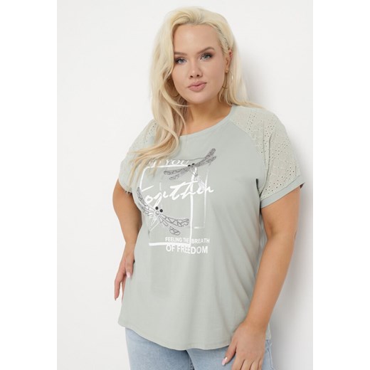 Miętowy Bawełniany T-shirt z Nadrukiem z Przodu Salaura ze sklepu Born2be Odzież w kategorii Bluzki damskie - zdjęcie 169936401