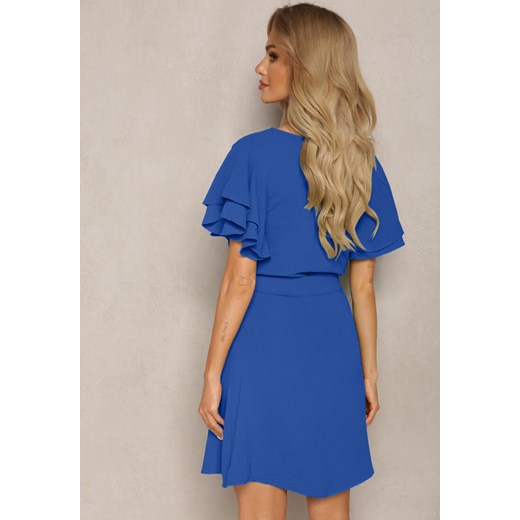 Niebieska Rozkloszowana Sukienka Mini z Materiałowym Paskiem i Falbanami na Renee S promocyjna cena Renee odzież