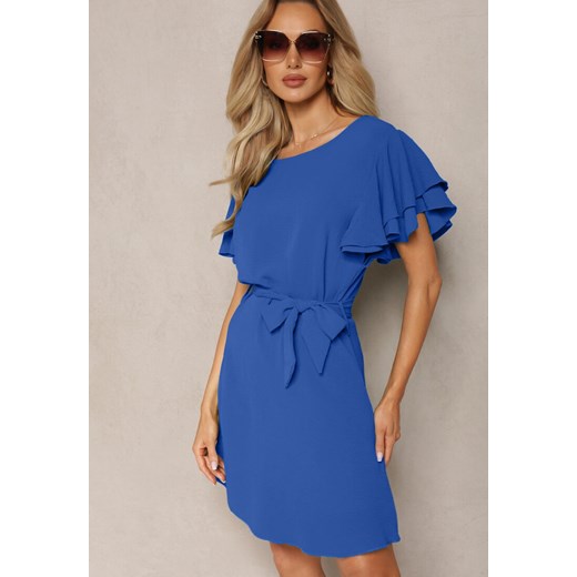 Niebieska Rozkloszowana Sukienka Mini z Materiałowym Paskiem i Falbanami na Renee S promocja Renee odzież