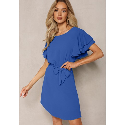 Niebieska Rozkloszowana Sukienka Mini z Materiałowym Paskiem i Falbanami na Renee M okazja Renee odzież