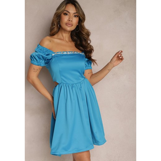 Niebieska Rozkloszowana Sukienka Mini z Wycięciami po Bokach i Cyrkoniami na Dekolcie Erelasia ze sklepu Renee odzież w kategorii Sukienki - zdjęcie 169937333