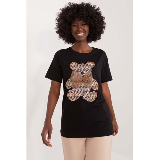 Czarny bawełniany t-shirt damski z misiem i kokardą ze sklepu 5.10.15 w kategorii Bluzki damskie - zdjęcie 169960400