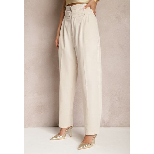 Beżowe Spodnie Garniturowe High Waist z Dwoma Paskami Ismera ze sklepu Renee odzież w kategorii Spodnie damskie - zdjęcie 169971363