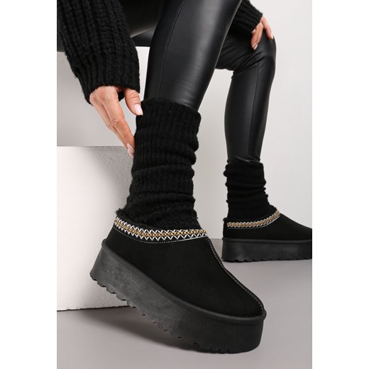 Czarne Śniegowce na Grubej Podeszwie z Ozdobnym Wzorem i Futerkiem Silvare ze sklepu born2be.pl w kategorii Śniegowce damskie - zdjęcie 169971461