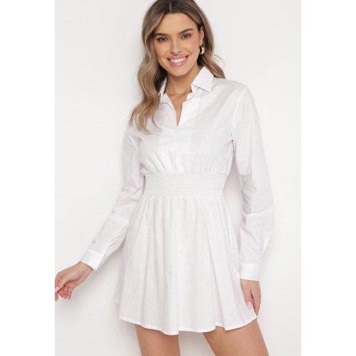 Biała Koszulowa Sukienka Mini z Bawełny z Gumką w Talii Memessa ze sklepu Born2be Odzież w kategorii Sukienki - zdjęcie 169972083