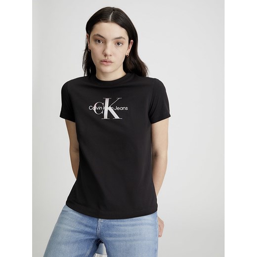 Czarna bluzka damska Calvin Klein na lato z krótkim rękawem młodzieżowa 