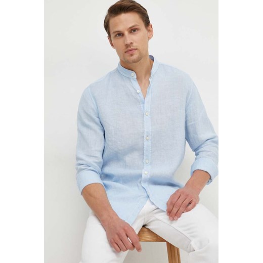 BOSS koszula lniana BOSS ORANGE kolor niebieski regular ze stójką 50489339 ze sklepu ANSWEAR.com w kategorii Koszule męskie - zdjęcie 169975381