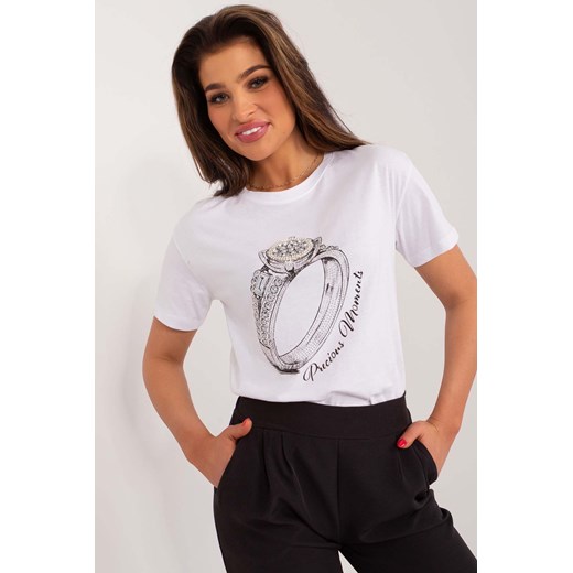 Bawełniany biały t-shirt damski z aplikacjami i nadrukiem ze sklepu 5.10.15 w kategorii Bluzki damskie - zdjęcie 169994534