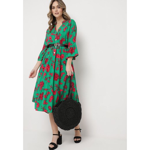Zielona Sukienka z Koszulową Górą i Rozkloszowanym Dołem w Kwiaty Hazerpia ze sklepu Born2be Odzież w kategorii Sukienki - zdjęcie 170004293