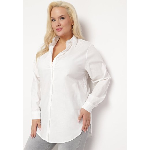 Biała Długa Koszula z Podwijanymi Rękawami i Kołnierzykiem Saturea ze sklepu Born2be Odzież w kategorii Koszule damskie - zdjęcie 170004521