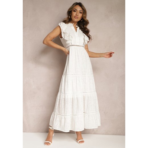 Biała Rozkloszowana Sukienka Maxi z Falbankami i Ażurowymi Zdobieniami Anachie ze sklepu Renee odzież w kategorii Sukienki - zdjęcie 170006950