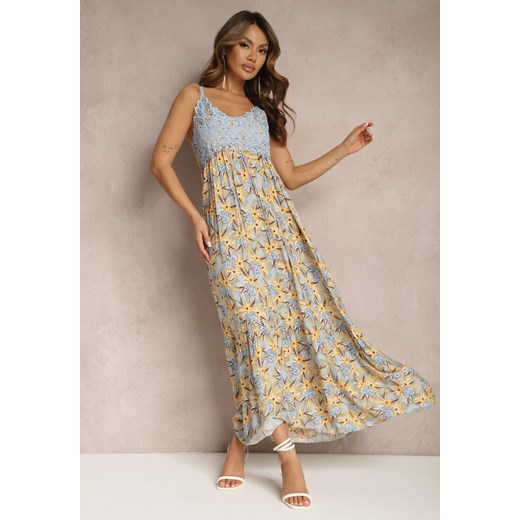 Jasnoniebieska Rozkloszowana Sukienka Maxi z Wiskozy w Kwiatowy Print na Ramiączkach Roisintia ze sklepu Renee odzież w kategorii Sukienki - zdjęcie 170007020