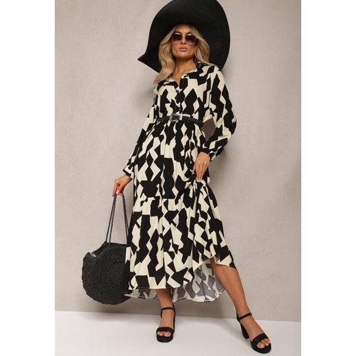 Beżowo-Czarna Koszulowa Sukienka Maxi w Geometryczny Wzór Qerida ze sklepu Renee odzież w kategorii Sukienki - zdjęcie 170020361