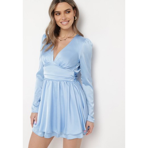 Niebieska Satynowa Sukienka Mini z Głębokim Dekoltem i Wiązaniem z Tyłu Liadan ze sklepu Born2be Odzież w kategorii Sukienki - zdjęcie 170020773