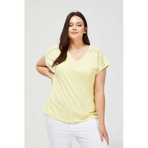 Żółty T-shirt damski na krótki rękaw z ażurowym zdobieniem 40 wyprzedaż 5.10.15