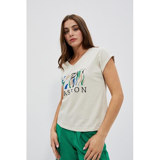 Bawełniany t-shirt z nadrukiem beżowy ze sklepu 5.10.15 w kategorii Bluzki damskie - zdjęcie 170043521