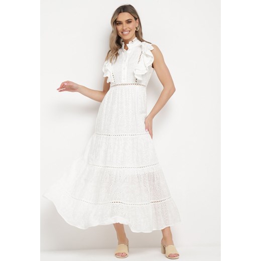 Biała Długa Sukienka w Stylu Boho z Ażurowym Haftem i Falbankami Cailletia ze sklepu Born2be Odzież w kategorii Sukienki - zdjęcie 170060283
