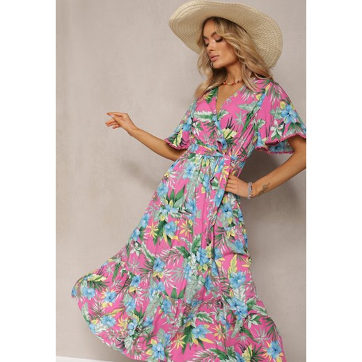 Różowa Sukienka na Lato Maxi w Kwiaty z Gumką i Wiązanym Paskiem w Talii Uveilla ze sklepu Renee odzież w kategorii Sukienki - zdjęcie 170068494