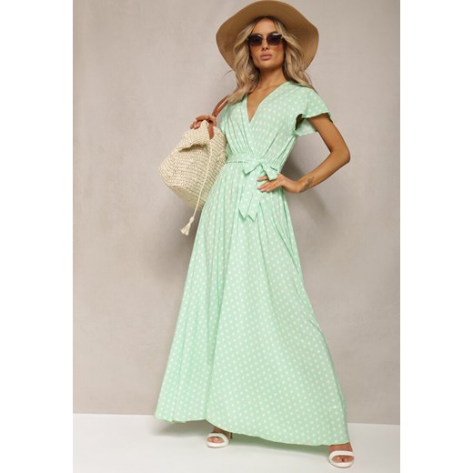 Zielona Sukienka Maxi w Kropki z Plisowanym Dołem i Trójkątnym Dekoltem Florieas ze sklepu Renee odzież w kategorii Sukienki - zdjęcie 170068524