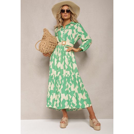 Zielono-Beżowa Koszulowa Sukienka Maxi w Geometryczny Wzór Qerida ze sklepu Renee odzież w kategorii Sukienki - zdjęcie 170068544