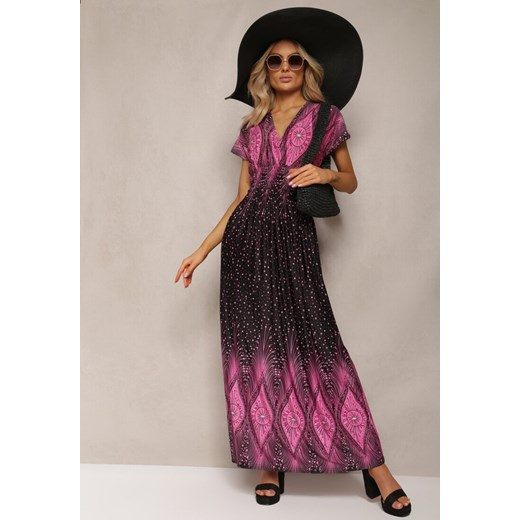 Różowo-Czarna Wiskozowa Sukienka z Koperowym Dekoltem Maxi Sllvana ze sklepu Renee odzież w kategorii Sukienki - zdjęcie 170068581