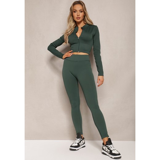 Zielone Prążkowane Legginsy z Wysokim Stanem Amokka ze sklepu Renee odzież w kategorii Spodnie damskie - zdjęcie 170068594