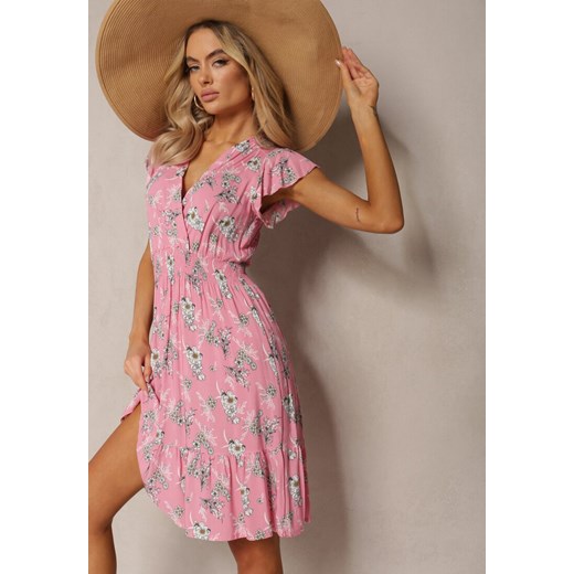 Różowa Kopertowa Sukienka Letnia z Bawełny w Kwiaty Ilivanna ze sklepu Renee odzież w kategorii Sukienki - zdjęcie 170068684