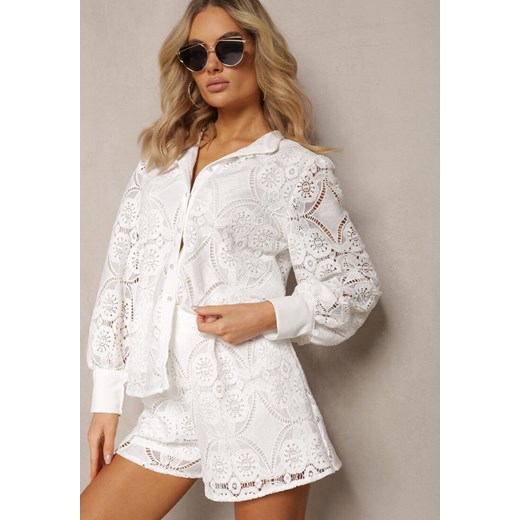 Biała Klasyczna Koszula z Ażurowego Materiału Aseili ze sklepu Renee odzież w kategorii Bluzki damskie - zdjęcie 170068823