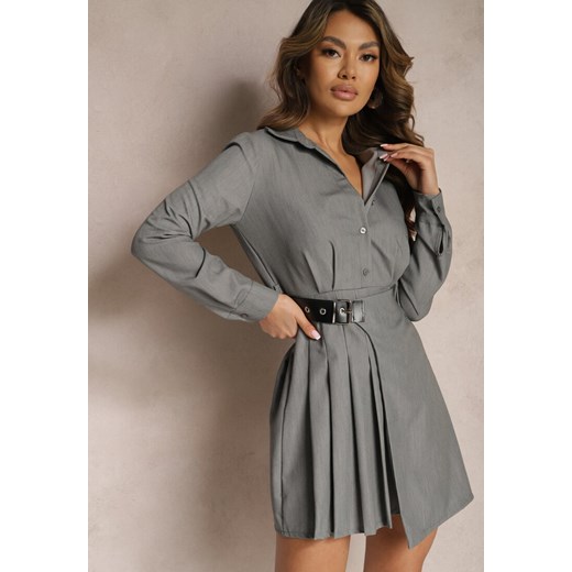 Szara Koszulowa Sukienka Utility z Plisowaną Asymetryczną Spódnicą z Paskiem Mussoria ze sklepu Renee odzież w kategorii Sukienki - zdjęcie 170068833