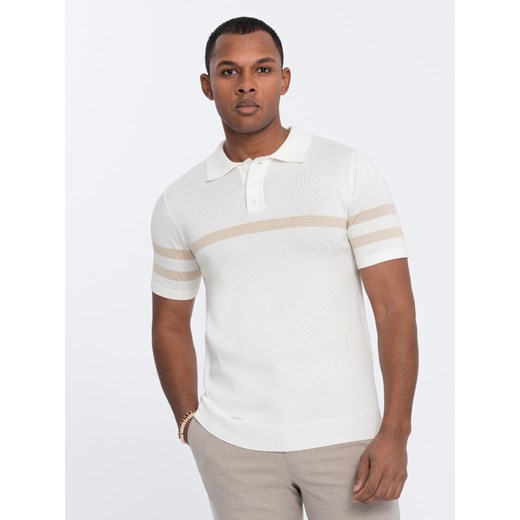 Męska koszulka polo z miękkiej dzianiny z kontrastowymi pasami - kremowa V3 OM-POSS-0118 ze sklepu ombre w kategorii T-shirty męskie - zdjęcie 170128324