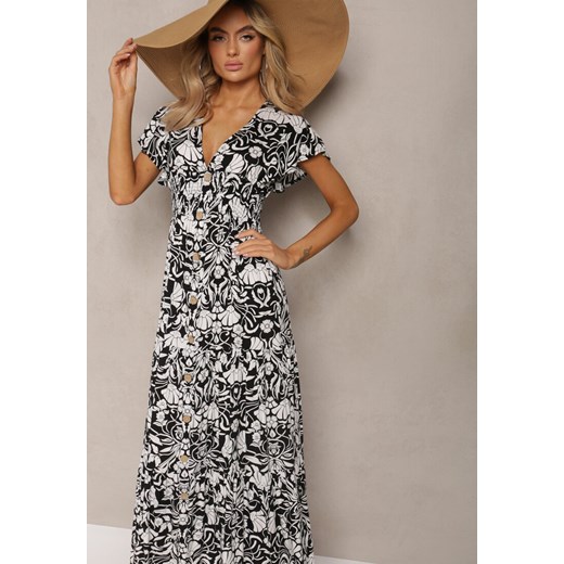 Czarno-Biała Maxi Sukienka Rozkloszowana z Kopertowym Dekoltem w Kwiatowy Wzór Leivori ze sklepu Renee odzież w kategorii Sukienki - zdjęcie 170131023