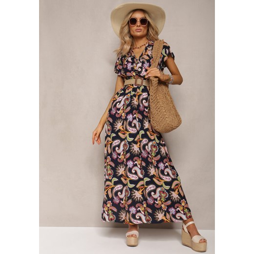 Granatowa Letnia Sukienka z Gumką w Talii Wiskozy Ozdobiona Wzorem