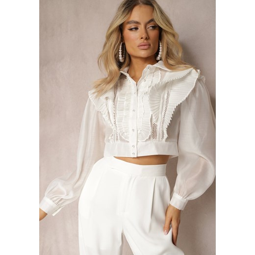 Biała Krótka Koszula z Żabotem Litcona ze sklepu Renee odzież w kategorii Koszule damskie - zdjęcie 170131343
