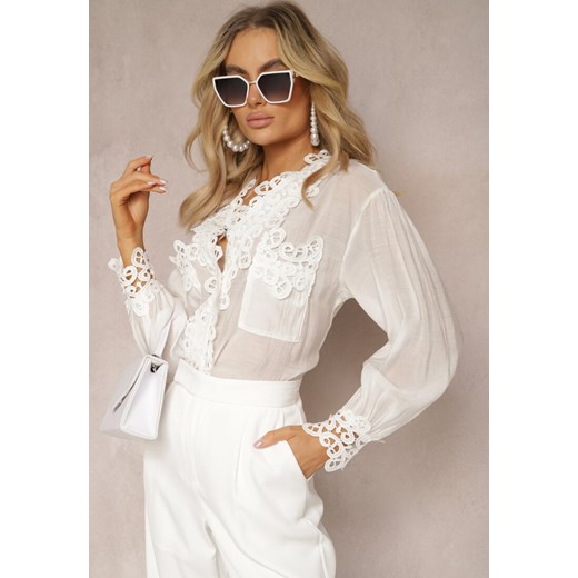 Biała Koszula z Perełkami i Koronkowymi Wstawkami Saceal ze sklepu Renee odzież w kategorii Koszule damskie - zdjęcie 170131350