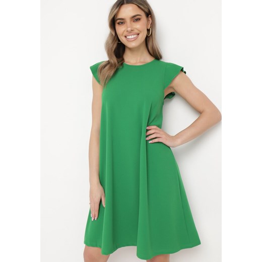 Zielona Trapezowa Sukienka Mini z Krótkim Rękawem i Falbanką Nellife ze sklepu Born2be Odzież w kategorii Sukienki - zdjęcie 170140070